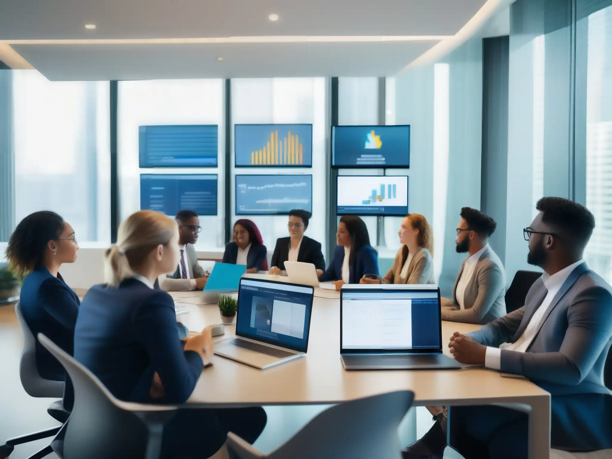 Reunión virtual inclusiva y productiva de profesionales y estudiantes Un grupo diverso de profesionales y estudiantes participa en una videoconferencia, mostrando soluciones de gestión para grandes equipos