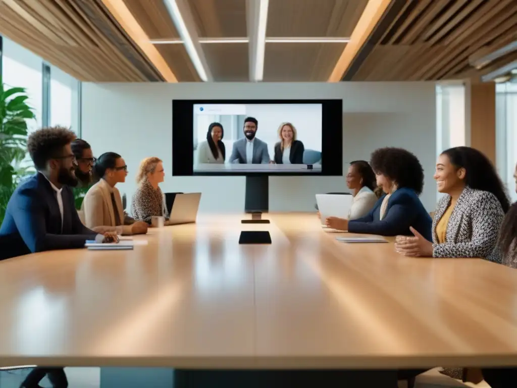 Videoconferencia inclusiva y sostenible con profesionales y estudiantes Un grupo diverso de profesionales y estudiantes participando en una videoconferencia inclusiva y sostenible