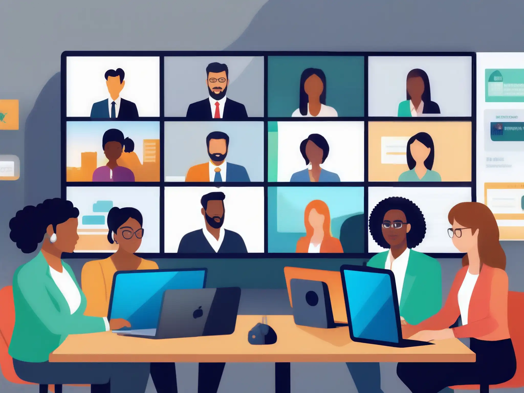 Comparación de seguridad en videoconferencias: profesionales y estudiantes en acción Un grupo diverso de profesionales y estudiantes participan en una videoconferencia, destacando la importancia de la seguridad
