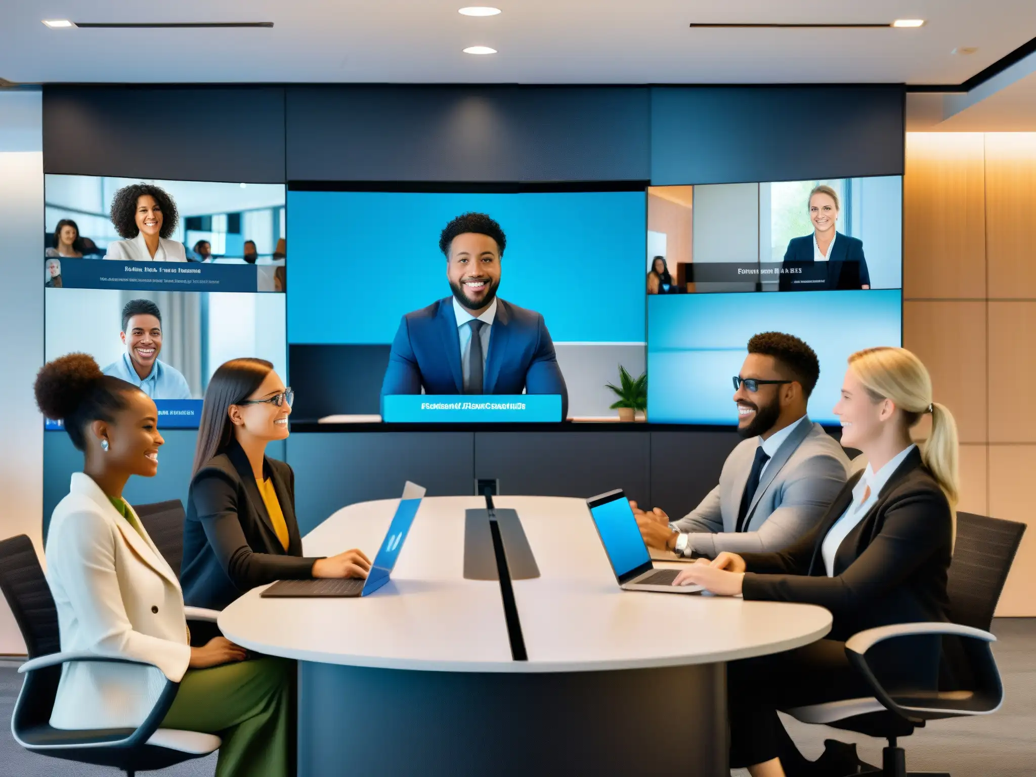 Videoconferencia profesional y segura con diversidad de participantes Un grupo diverso de profesionales y estudiantes participa en una videoconferencia segura y profesional