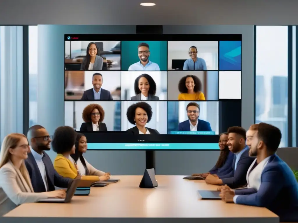 Conferencia virtual segura: profesionales y estudiantes colaboran Un grupo diverso de profesionales y estudiantes participa en una videoconferencia segura, con herramientas modernas en pantalla