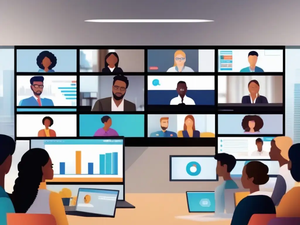 Profesionales y estudiantes en videoconferencia Un grupo diverso de profesionales y estudiantes se reúnen en una videoconferencia, mostrando concentración y seriedad