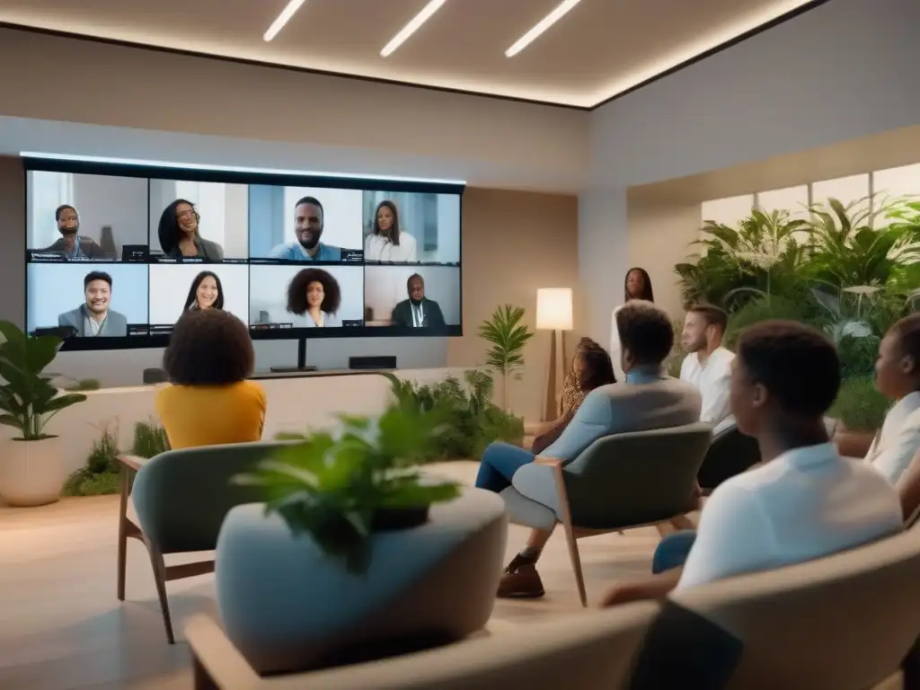 Videoconferencia productiva: profesionales y estudiantes colaborando en espacios modernos Un grupo diverso de profesionales y estudiantes colaborando en una videoconferencia en una sala moderna y bien iluminada