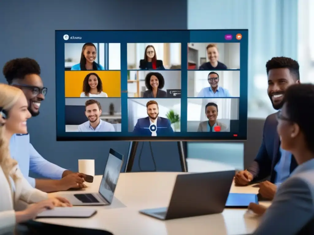 Videoconferencia profesional: colaboración y eficiencia Un grupo diverso de profesionales y estudiantes participan en una videoconferencia, mostrando la interoperabilidad de diferentes plataformas