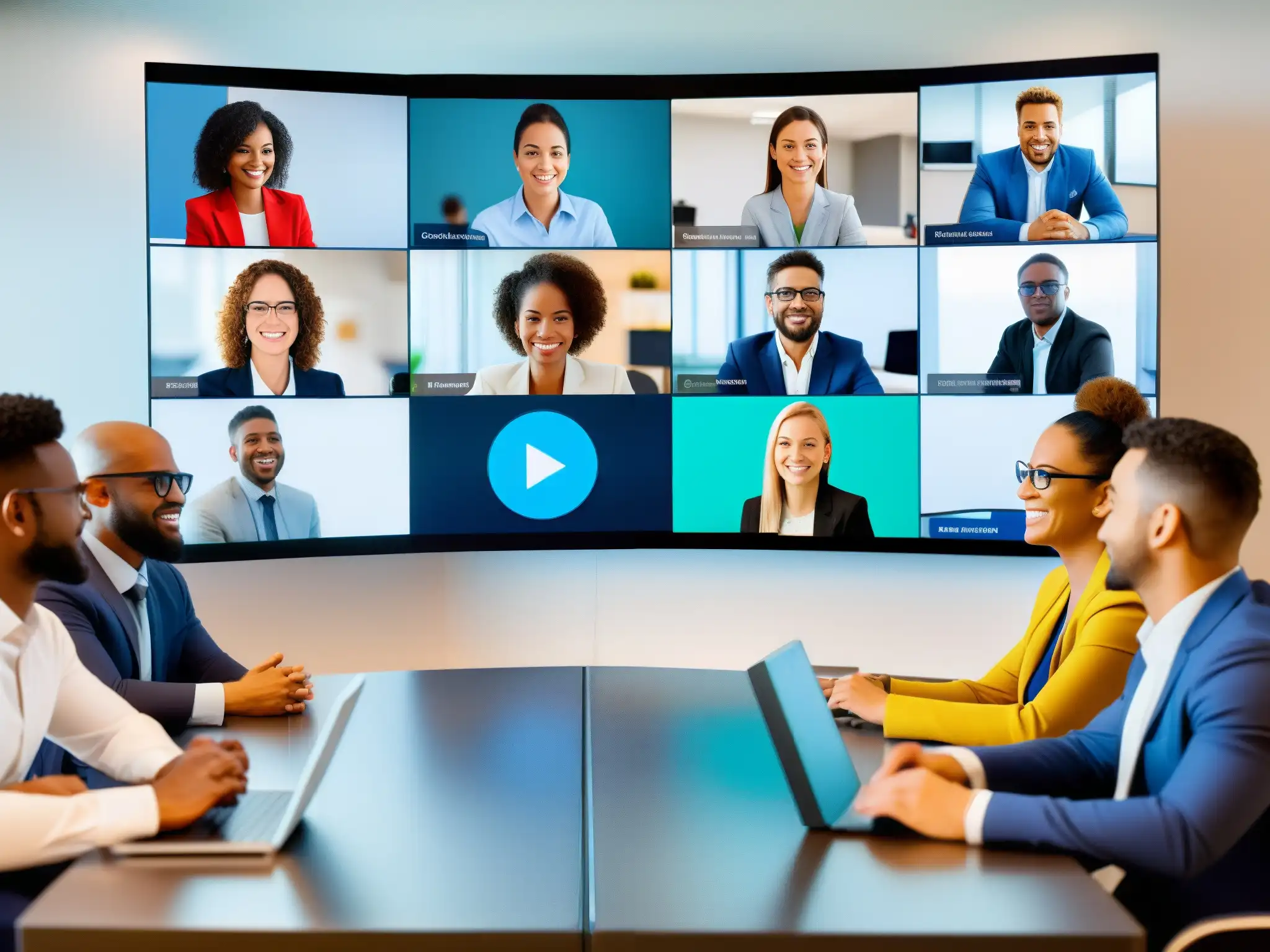 Videoconferencia profesional diversa Un grupo diverso de profesionales y estudiantes participa en una videoconferencia, mostrando la interoperabilidad en plataformas diferentes