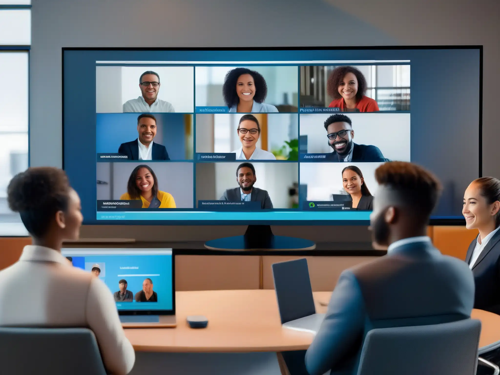 Conferencia virtual inclusiva y segura: profesionales y estudiantes conectados desde distintas locaciones Un grupo diverso de profesionales y estudiantes participan en una videoconferencia, conectando desde diferentes lugares