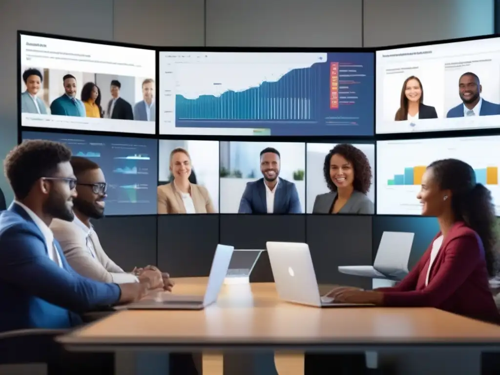Conferencia virtual: colaboración y análisis de datos Un grupo diverso de profesionales y estudiantes participan en una videoconferencia mientras analizan datos y estadísticas