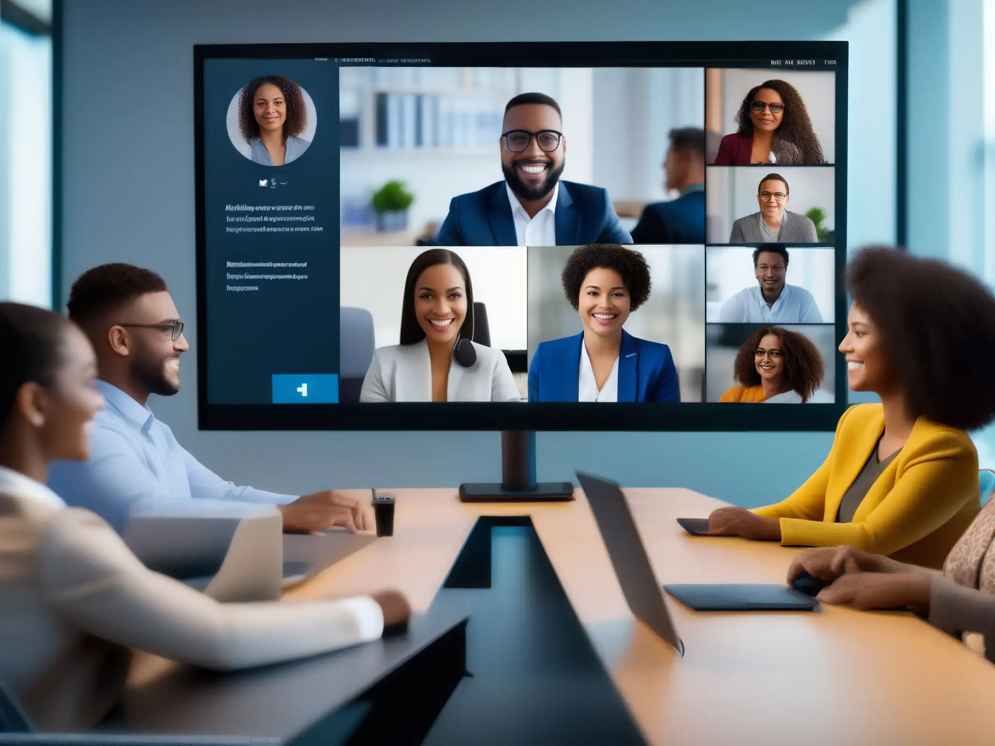 Conferencia segura: profesionales y estudiantes colaborando Un grupo diverso de profesionales y estudiantes colaboran en una videoconferencia segura