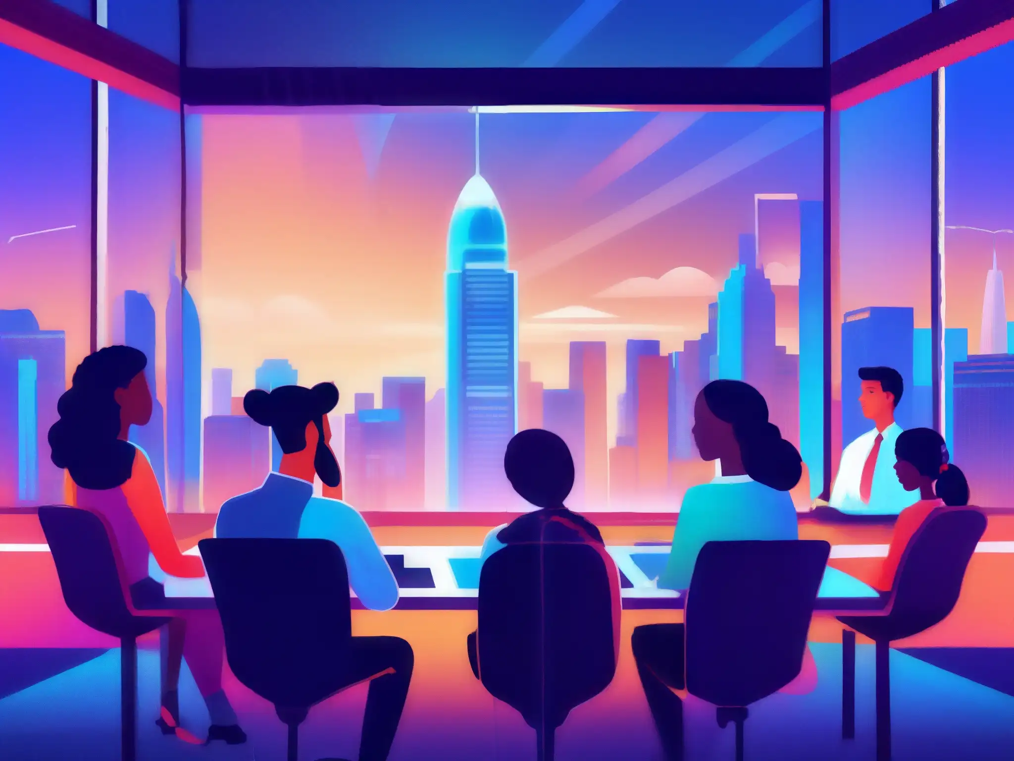 Videoconferencia segura: profesionales y estudiantes en ambiente futurista Un grupo diverso de profesionales y estudiantes en una videoconferencia segura, con un paisaje futurista