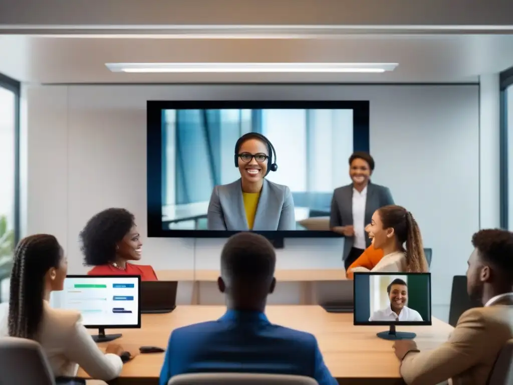 Conferencia virtual dinámica: profesionales y estudiantes Un grupo diverso de profesionales y estudiantes participa en una videoconferencia dinámica y colaborativa, utilizando herramientas de videoconferencia comparativa competitiva