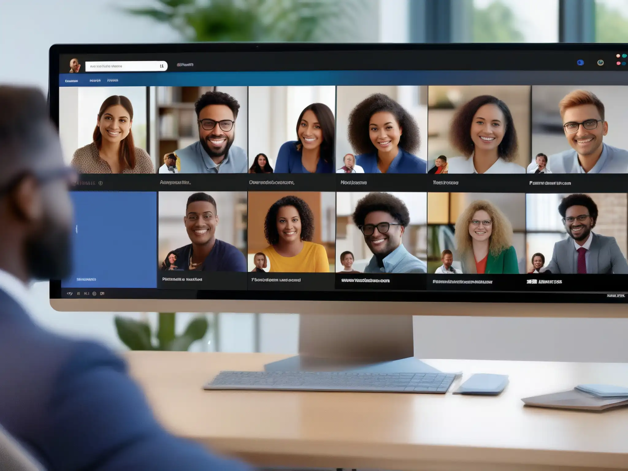 Videoconferencia interactiva con Amazon Chime y Microsoft Teams Un grupo diverso de profesionales y estudiantes participa activamente en una videoconferencia, comparando Amazon Chime y Microsoft Teams