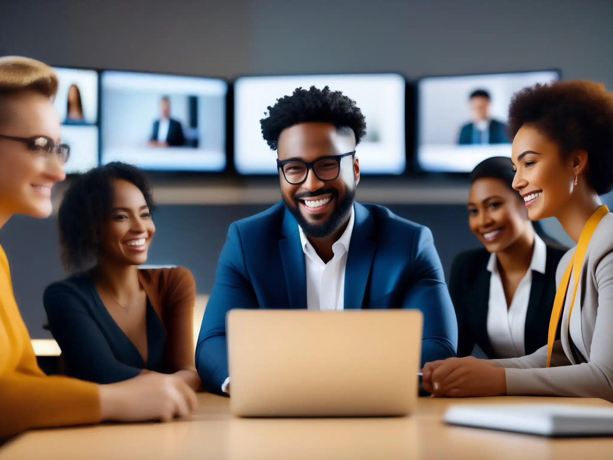 Conferencia virtual vibrante: profesionales y estudiantes, unidos Un grupo diverso de profesionales y estudiantes participa en una videoconferencia fluida, mostrando compatibilidad y colaboración