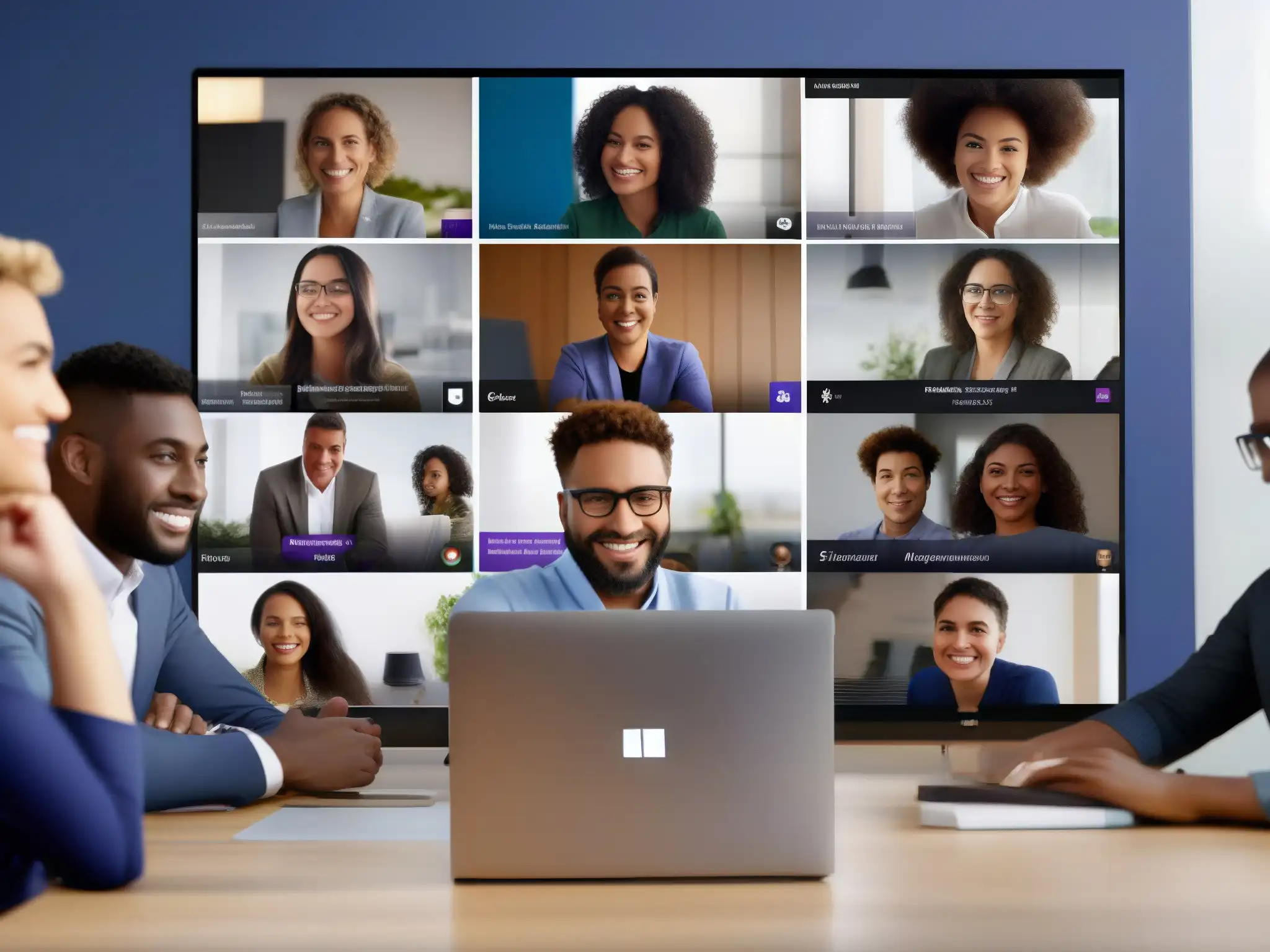 Videoconferencia profesional y educativa en Microsoft Teams Un grupo diverso de profesionales y estudiantes se conecta a través de Microsoft Teams, destacando su integración y colaboración