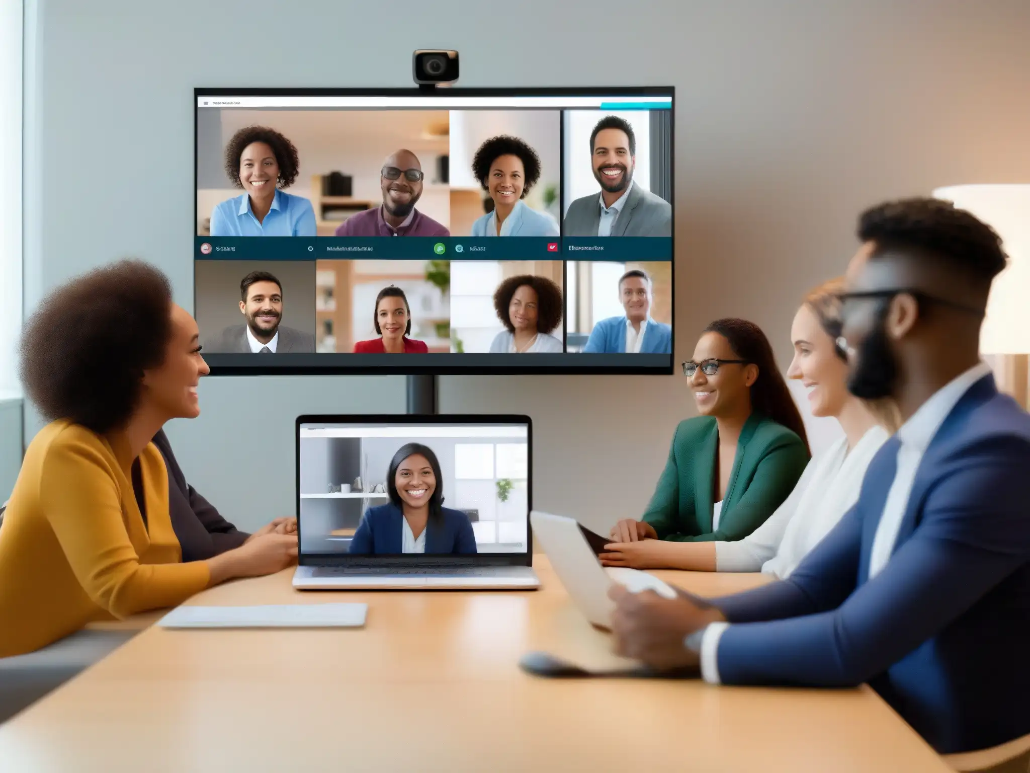 Conferencia virtual colaborativa: profesionales y estudiantes en acción Un grupo diverso de profesionales y estudiantes colabora en una videoconferencia usando Webex y las mejores herramientas de colaboración en la nube, mostrando una eficiente colaboración en la nube