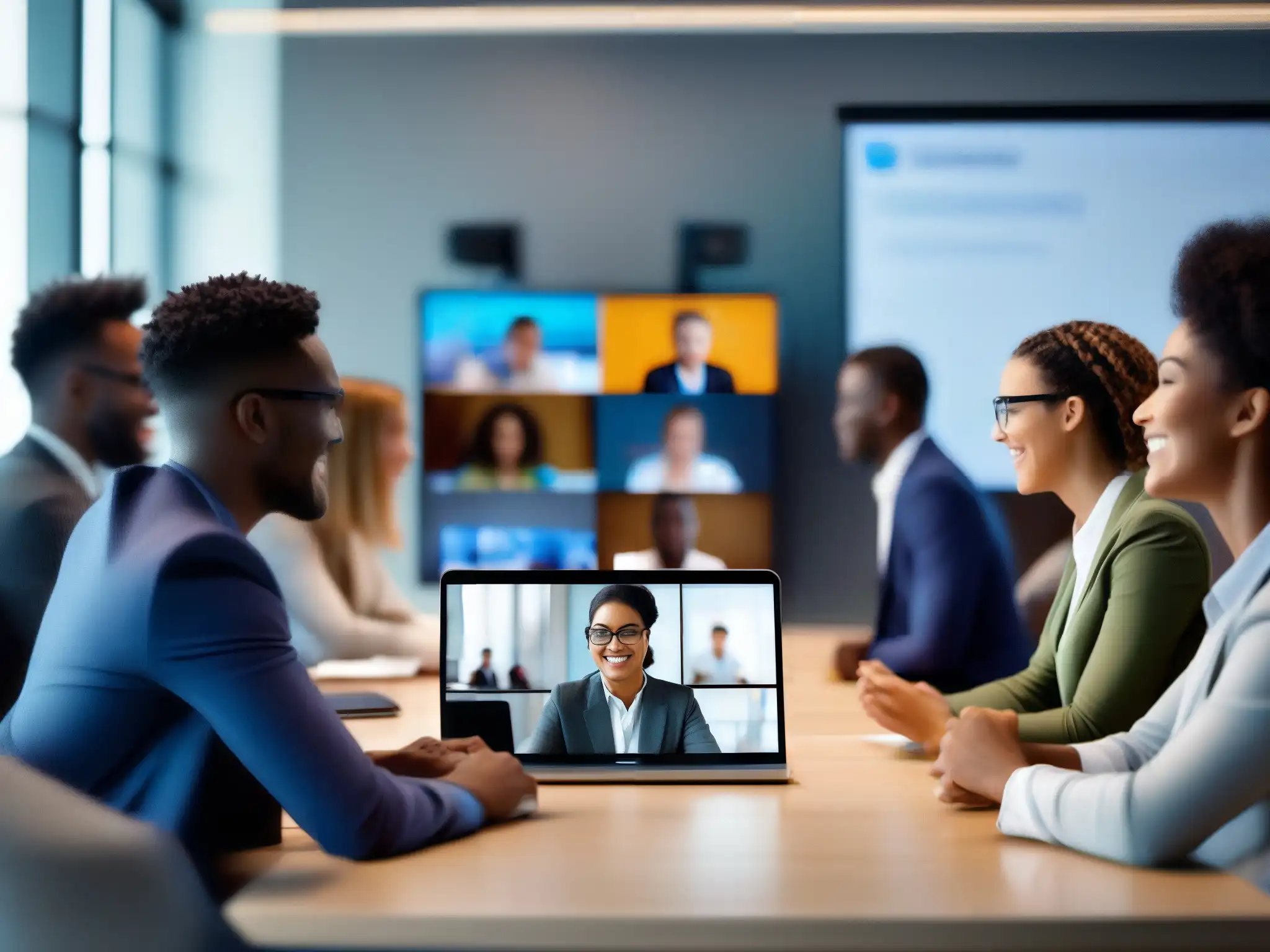 Videoconferencia efectiva: profesionales y estudiantes colaborando Un grupo diverso de profesionales y estudiantes colaborando en una videoconferencia