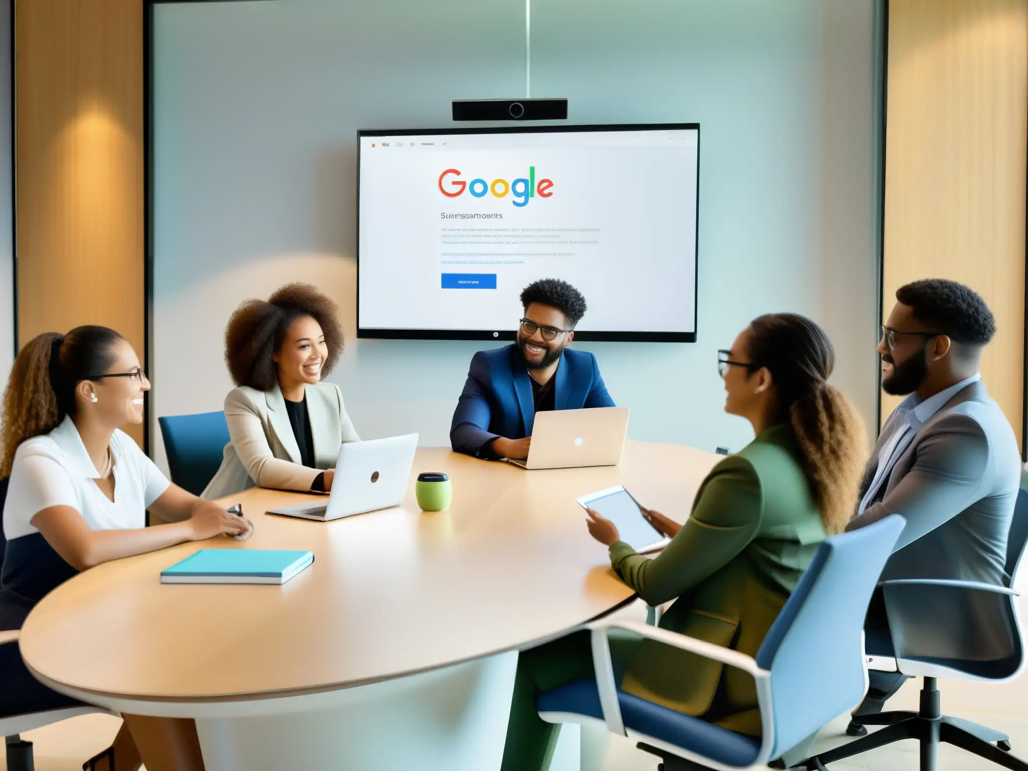 Reunión colaborativa en Google Meet: profesionales y estudiantes en acción Un grupo diverso de profesionales y estudiantes colabora en una animada discusión a través de Google Meet en una sala de reuniones moderna y luminosa