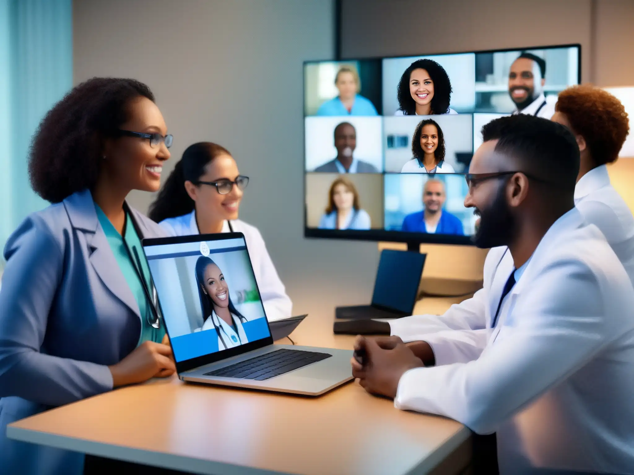 Profesionales de la salud en videoconferencia Grupo diverso de profesionales médicos en una videoconferencia, mostrando la eficiencia de las herramientas de videoconferencia para salud