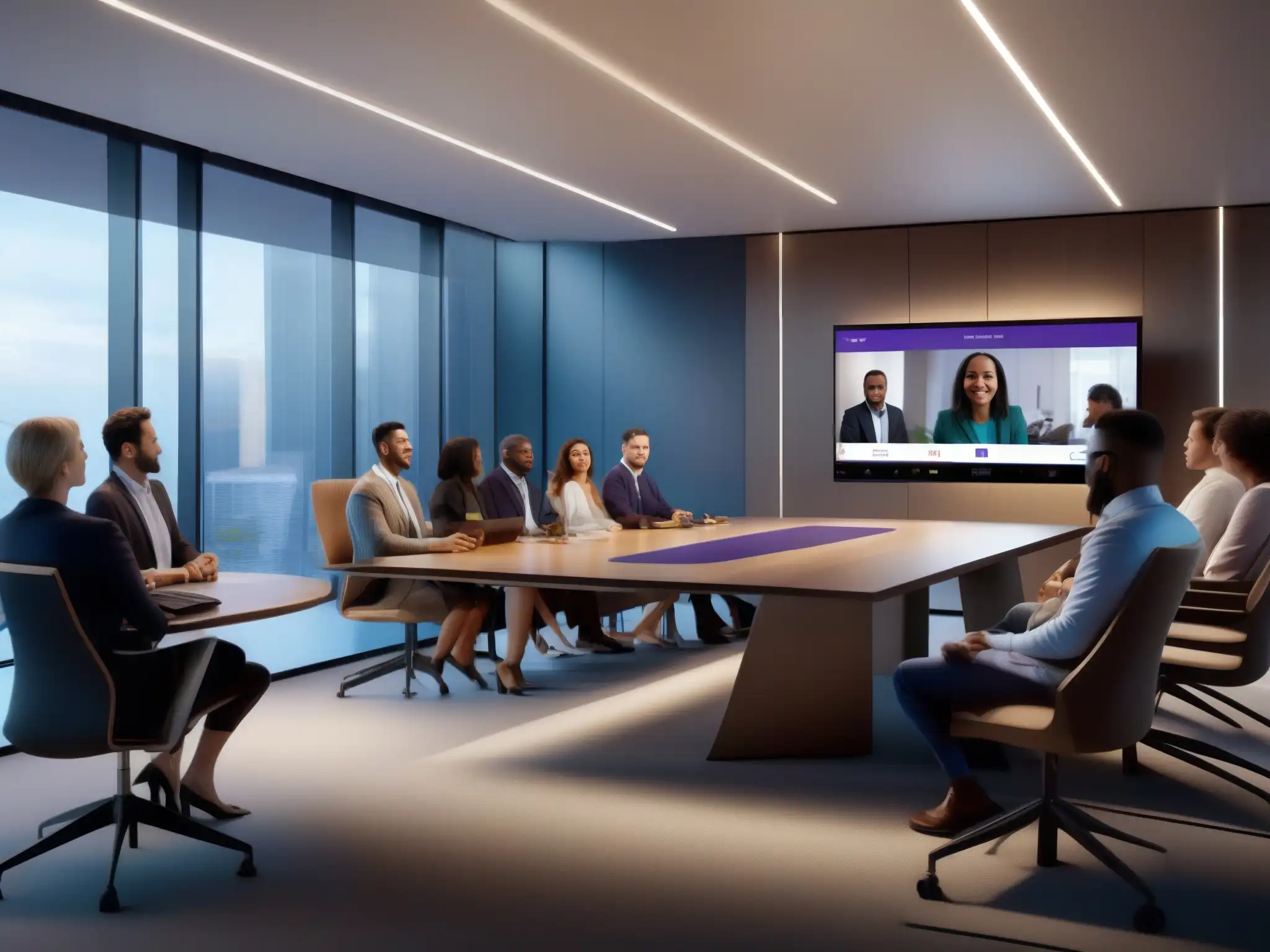 Sala de conferencias moderna y profesional con videoconferencia en Microsoft Teams Un grupo diverso de profesionales colabora en una moderna sala de conferencias con Herramientas de videoconferencia integradas