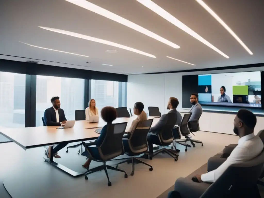 Reunión dinámica de profesionales en oficina moderna Grupo diverso de profesionales en una oficina moderna, innovadora, colaborando en videoconferencia