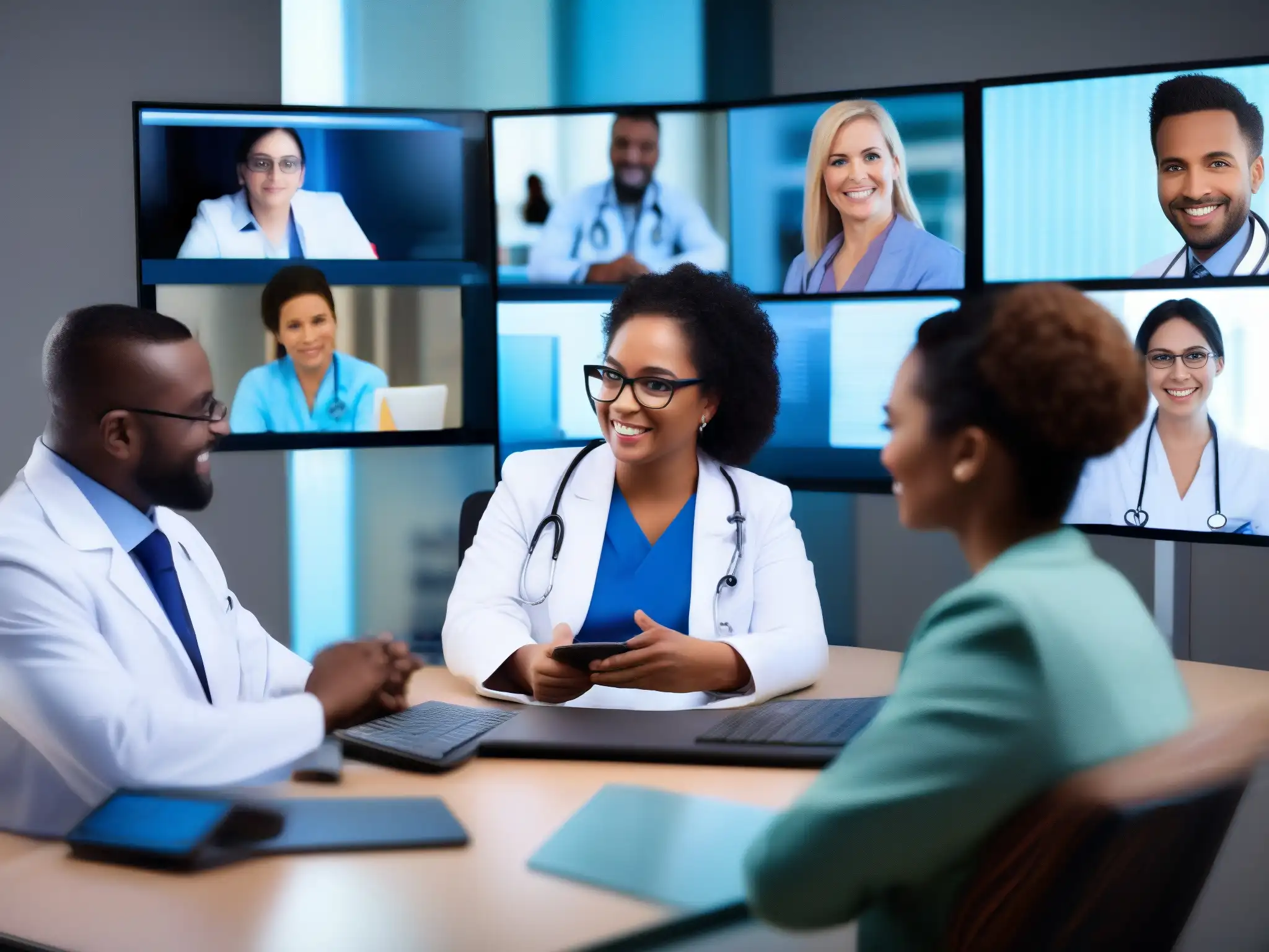 Profesionales de la salud en videoconferencia: telemedicina moderna Un grupo diverso de profesionales de la salud se reúne en una videoconferencia, mostrando la eficiencia de las herramientas de telemedicina
