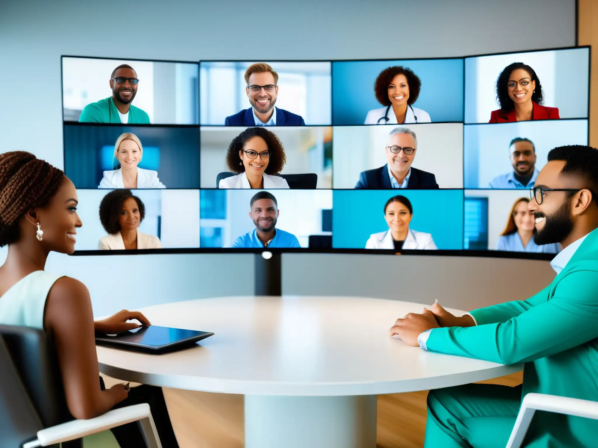 Profesionales de la salud en videoconferencia Grupo diverso de profesionales de la salud en videoconferencia, con tecnología moderna