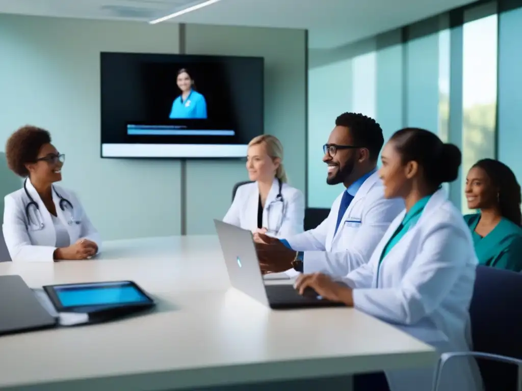 Profesionales de la salud en videoconferencia en hospital moderno Un grupo diverso de profesionales de la salud se reúne en una moderna sala de conferencias de hospital, utilizando herramientas de videoconferencia sector salud HIPAA para colaborar en casos médicos