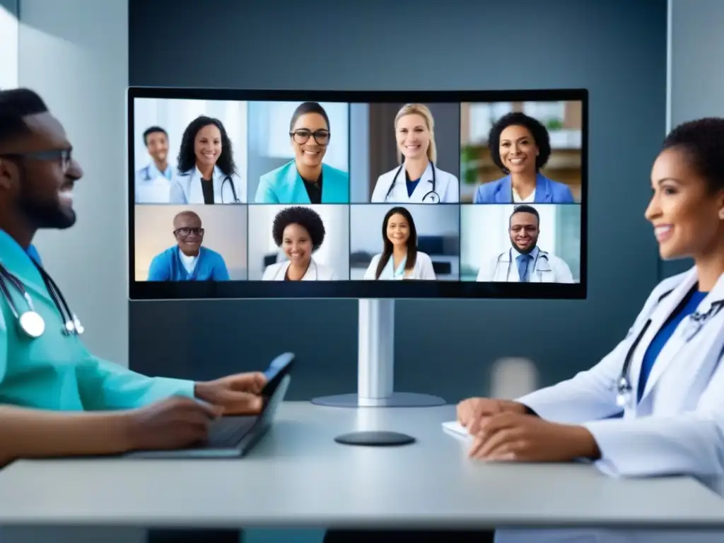Profesionales de la salud en videoconferencia Un grupo diverso de profesionales de la salud participa activamente en videoconferencias para telemedicina en un centro tecnológicamente avanzado