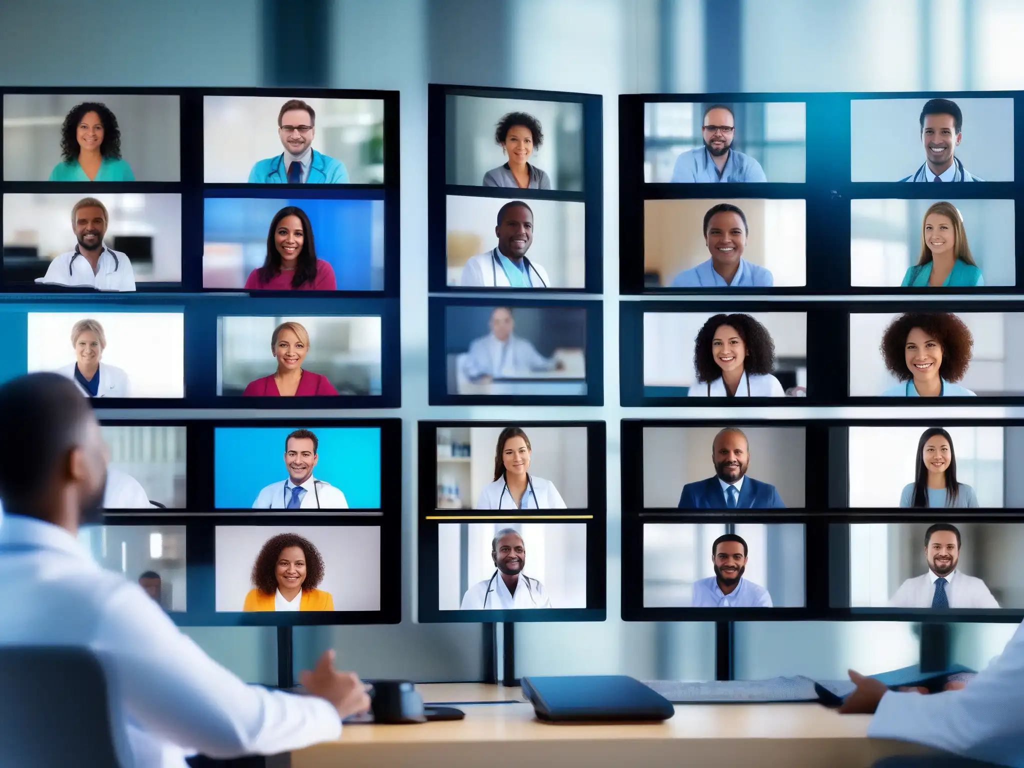Profesionales de la salud en videoconferencia: colaboración y concentración Un grupo diverso de profesionales de la salud en una videoconferencia, mostrando colaboración y concentración