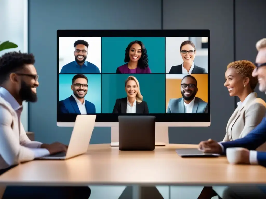 Profesionales diversos en videoconferencia moderna Un grupo diverso de profesionales participa en una videoconferencia, mostrando la usabilidad de la plataforma y su interfaz intuitiva