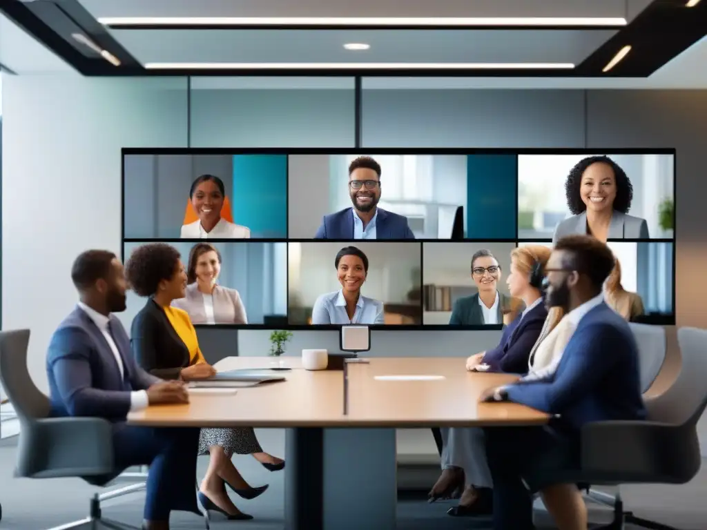 Profesionales en videoconferencia con Webex de Cisco Un grupo diverso de profesionales participa en una videoconferencia, destacando la seguridad y fiabilidad en videoconferencias con Webex by Cisco