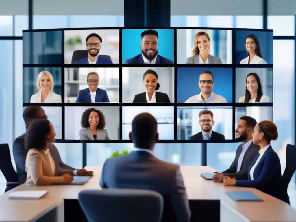 Profesionales conectados: videoconferencia de alto nivel Un grupo diverso de profesionales participa en una videoconferencia segura y privada