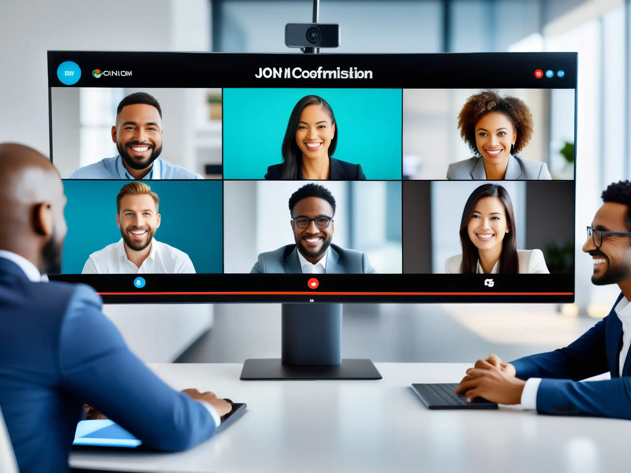 Profesionales diversificados en videoconferencia de alta tecnología Un grupo diverso de profesionales participa en una videoconferencia de alta tecnología, mostrando expresiones de compromiso y satisfacción