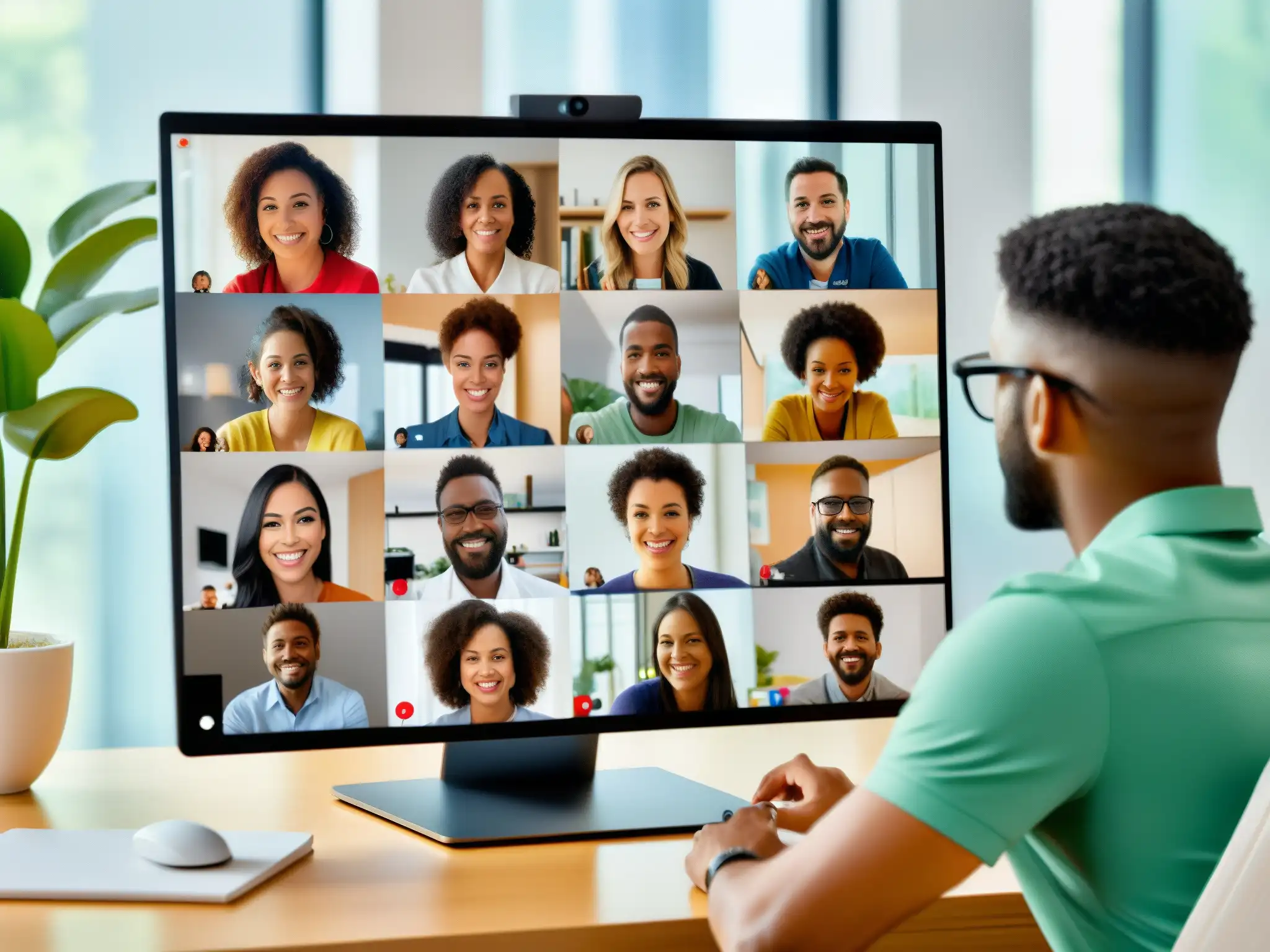 Videoconferencia productiva con Google Meet: trabajo remoto eficiente Un grupo diverso de profesionales se reúne en una videoconferencia usando Google Meet