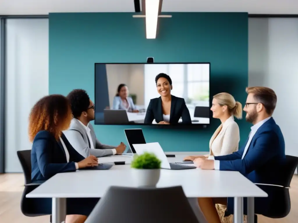 Profesionales en videoconferencia: colaboración moderna Un grupo diverso de profesionales participa activamente en una videoconferencia en una sala moderna y espaciosa