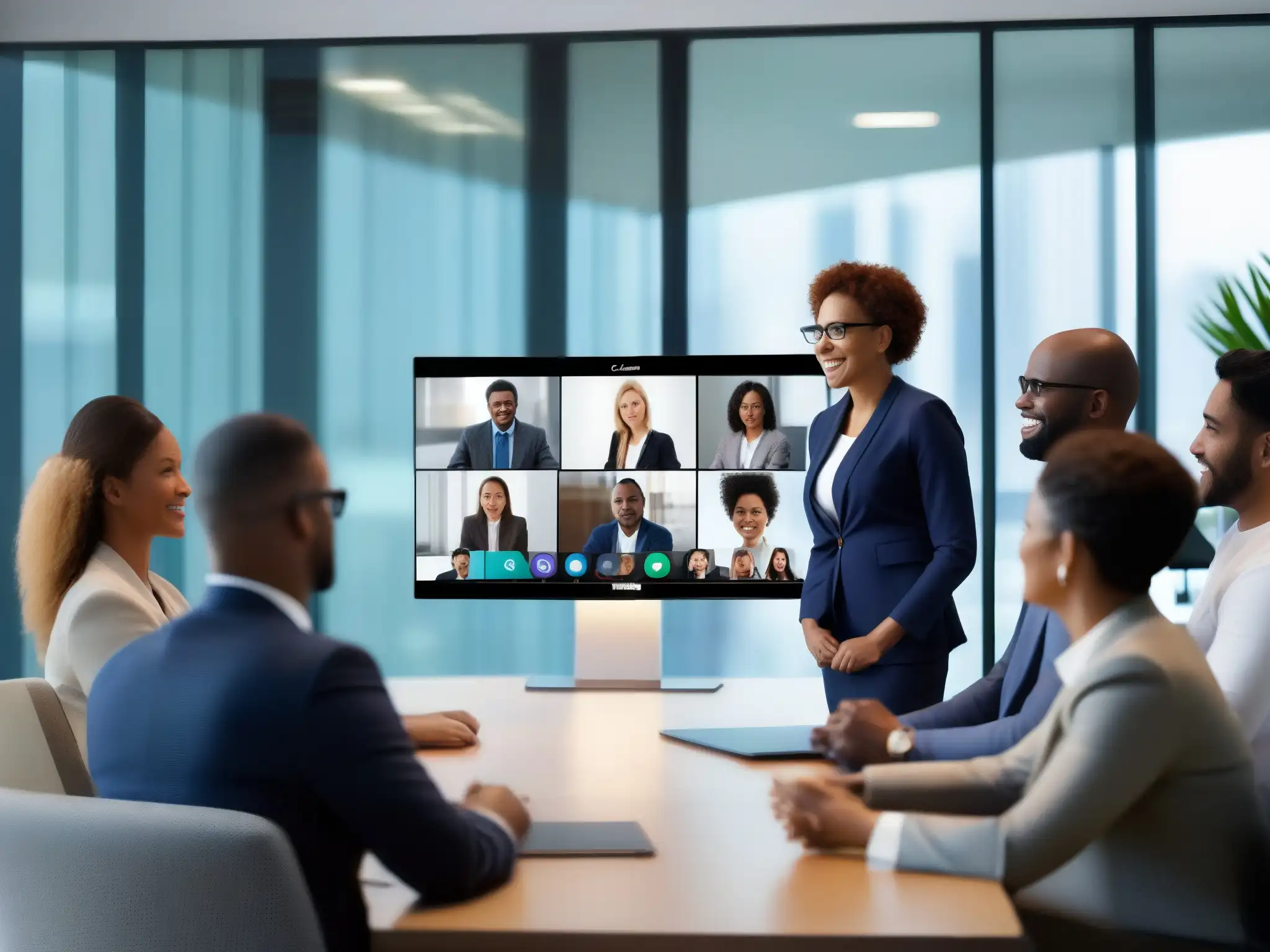 Profesionales confiables en videoconferencia con Webex Un grupo diverso de profesionales se reúne en una videoconferencia, transmitiendo seguridad y fiabilidad en videoconferencias para grandes empresas