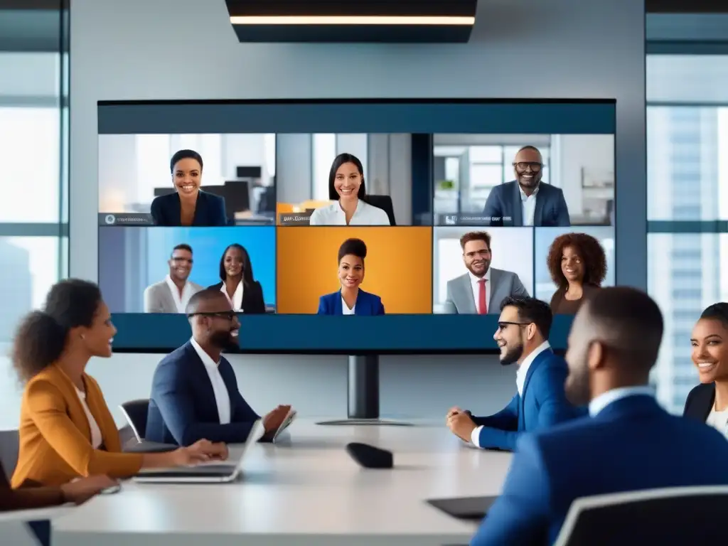 Profesionales conectados en videoconferencia Un grupo diverso de profesionales se reúne en una videoconferencia moderna y productiva