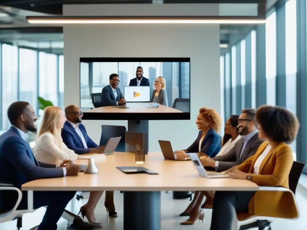 Profesionales innovadores en videoconferencia sostenible Grupo diverso de profesionales en videoconferencia, promoviendo la sostenibilidad y la responsabilidad social