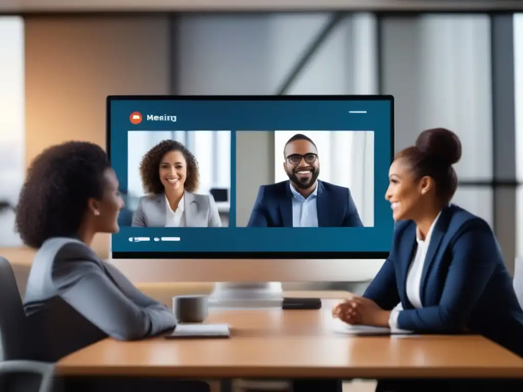 Profesionales debatiendo derechos legales en videoconferencia Un grupo diverso de profesionales en una videoconferencia discutiendo derechos legales