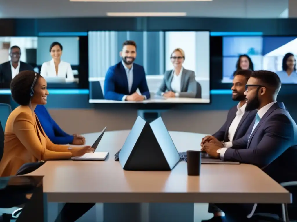 Profesionales en videoconferencia: expresiones atentas y tecnología segura Un grupo diverso de profesionales participa en una videoconferencia segura y moderna, destacando la capacitación en videoconferencias seguras