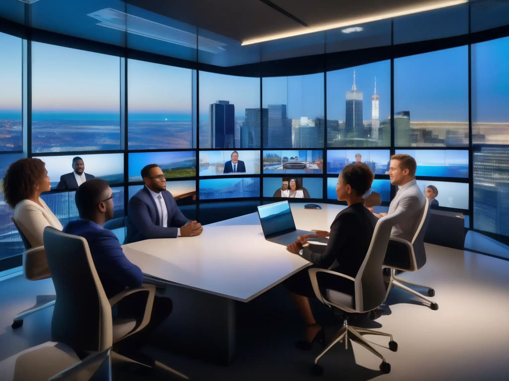 Profesionales en videoconferencia de alta definición Un grupo diverso de profesionales se reúne en una videoconferencia de alta tecnología en una sala moderna con vista a la ciudad