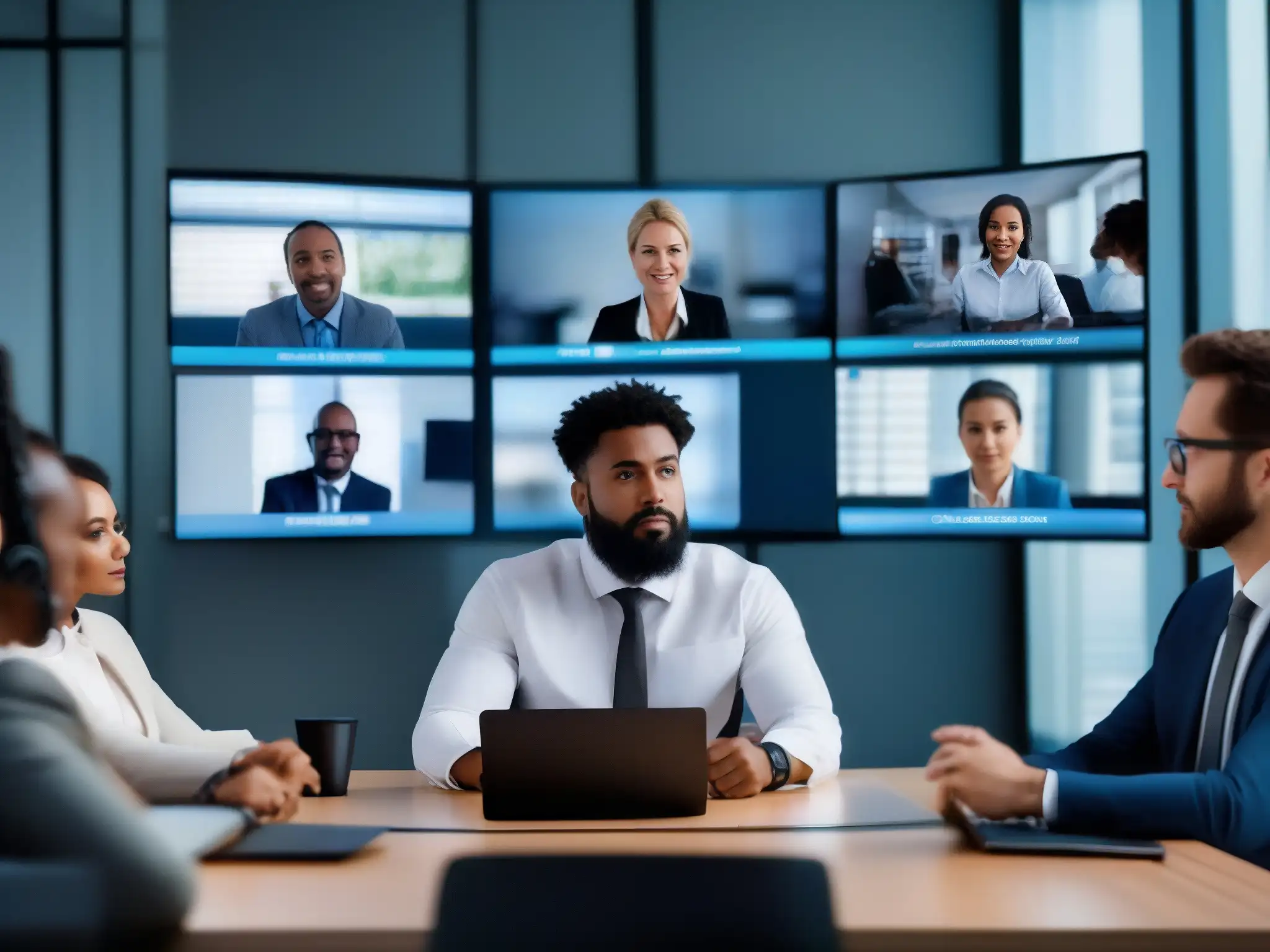 Profesionales seguros en videoconferencia Un grupo diverso de profesionales en una videoconferencia segura, analizando vulnerabilidades