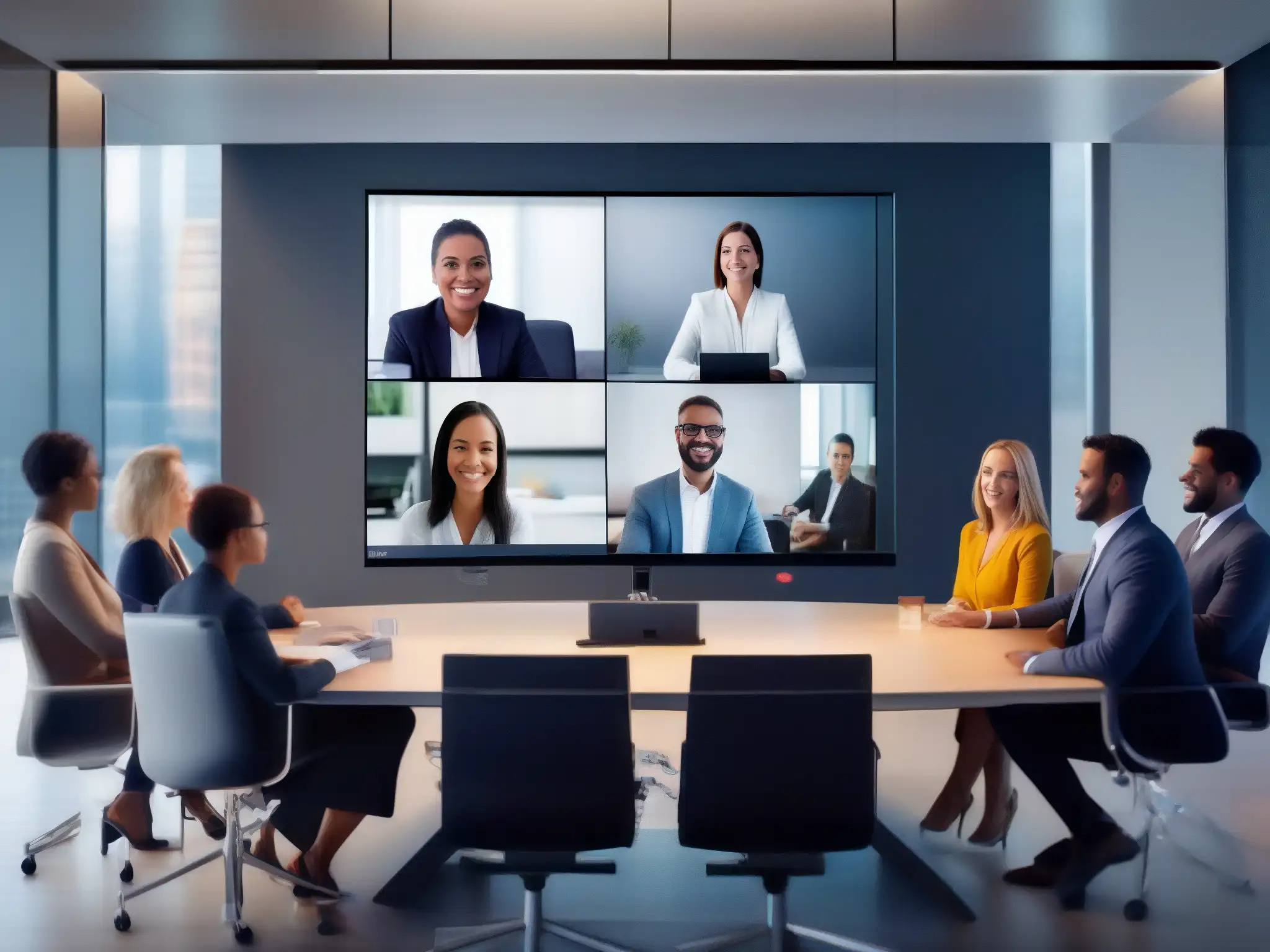 Videoconferencia profesional: diversidad y propiedad intelectual Un grupo diverso de profesionales participa en una videoconferencia, destacando la importancia de la regulación de contenidos en videoconferencias