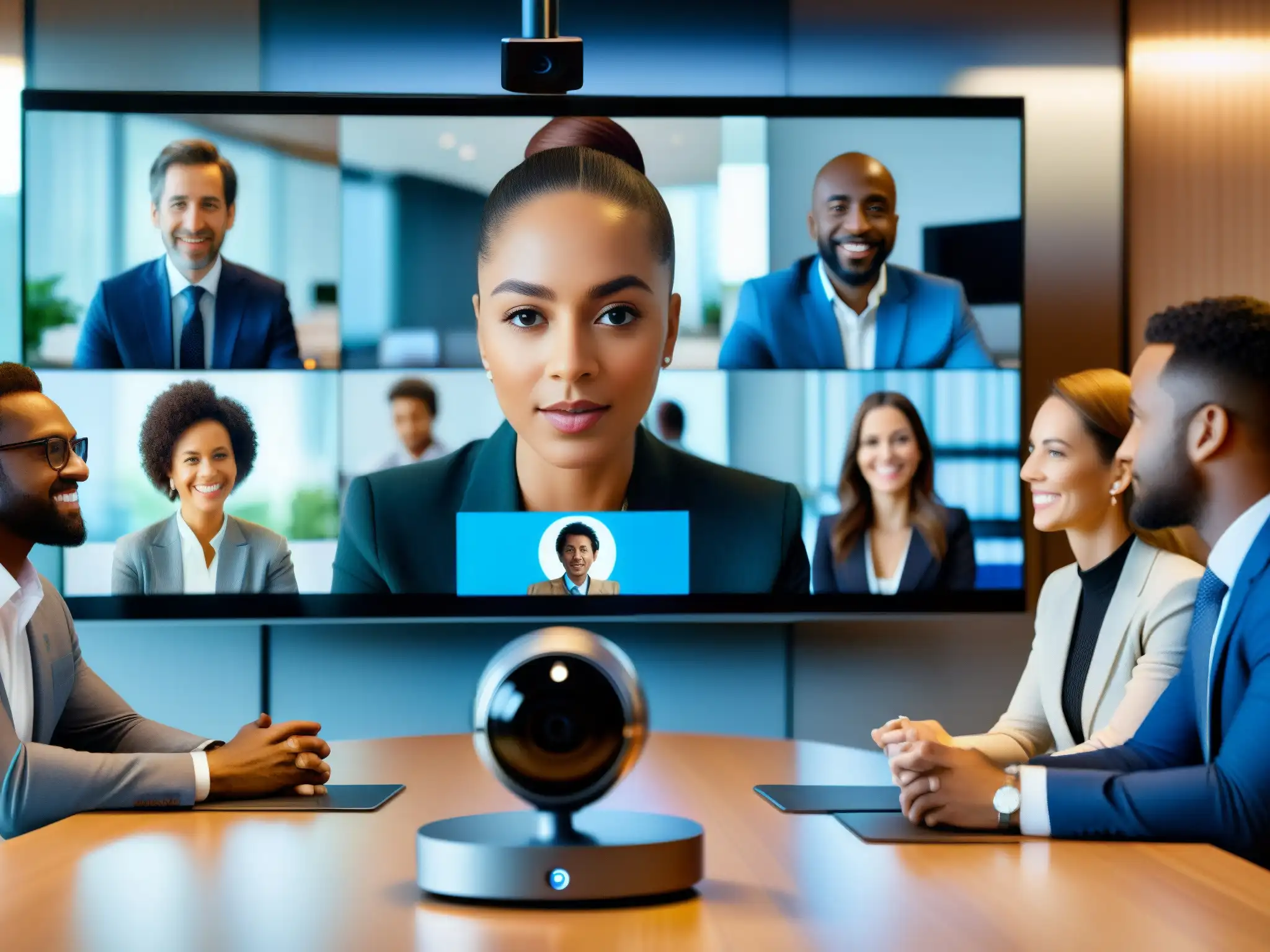Reunión virtual de profesionales: colaboración eficiente Un grupo diverso de profesionales colabora en una videoconferencia segura y eficiente