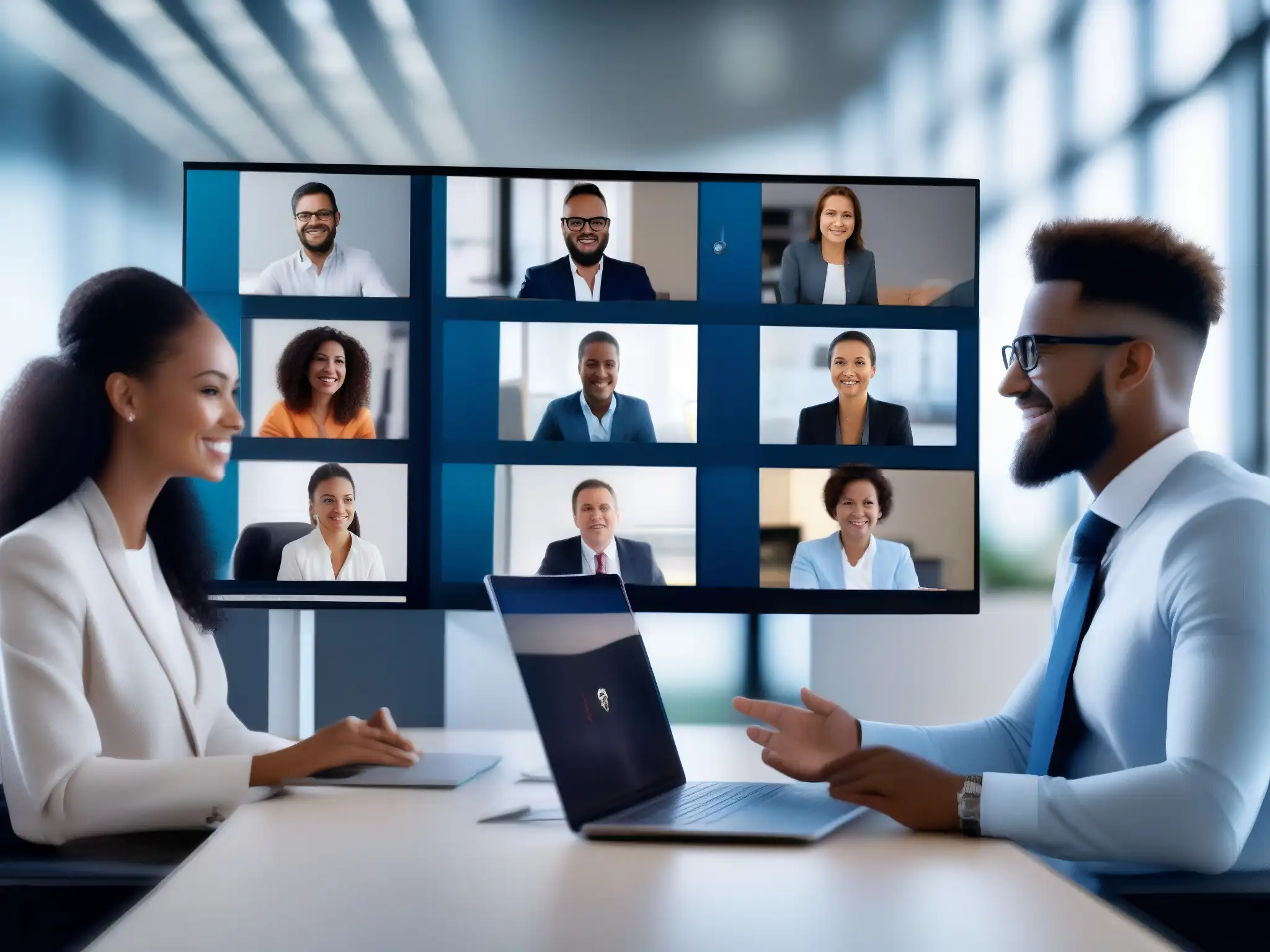 Videoconferencia segura: Profesionales diversificados intercambiando ideas Un grupo diverso de profesionales participa activamente en una videoconferencia encriptada extremo a extremo, destacando la importancia de la comunicación segura y eficiente en un entorno profesional moderno