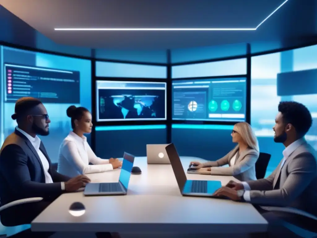 Profesionales seguros en videoconferencia Un grupo diverso de profesionales se reúne en una videoconferencia segura, con integraciones esenciales de ciberseguridad