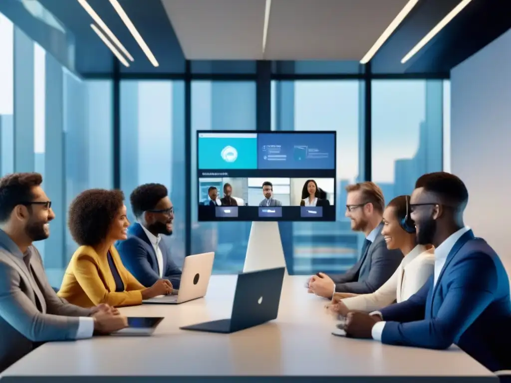 Profesionales diversos en videoconferencia: API Interoperabilidad Un grupo diverso de profesionales en videoconferencia, representando la interoperabilidad API en múltiples plataformas