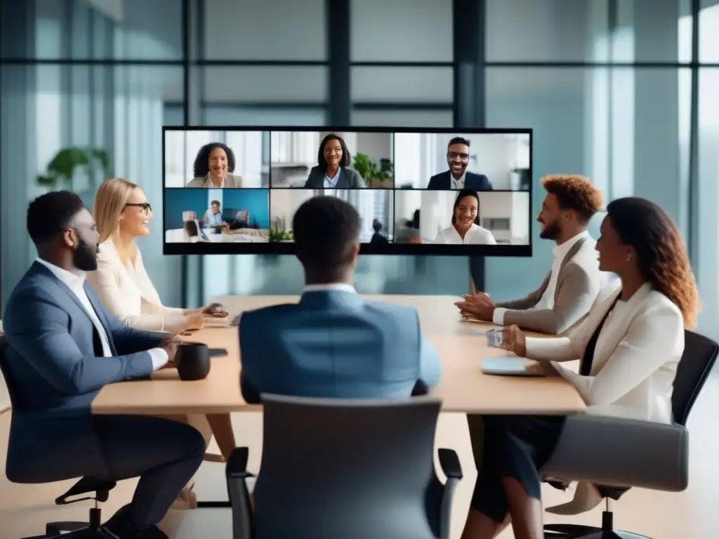 Profesionales colaborando en videoconferencia Un grupo diverso de profesionales participa activamente en una videoconferencia, con interfaces modernas en pantallas
