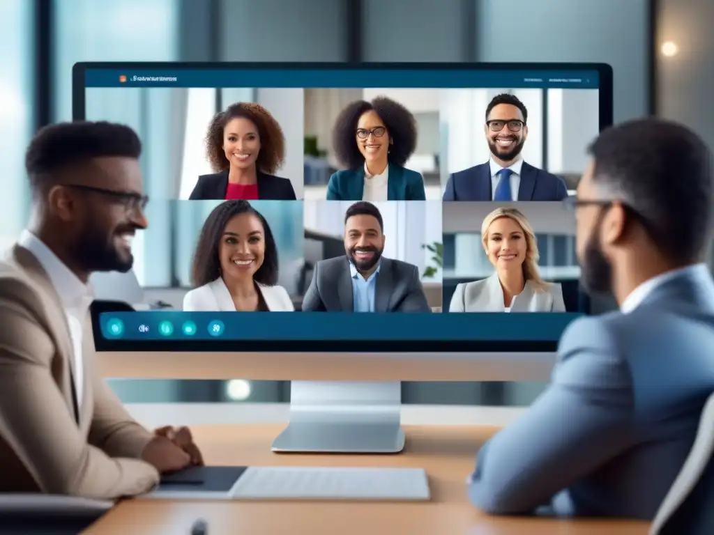 Profesionales colaborando en videoconferencia interconectada Un grupo diverso de profesionales participa en una videoconferencia, colaborando de forma eficiente y profesional en diferentes plataformas y dispositivos