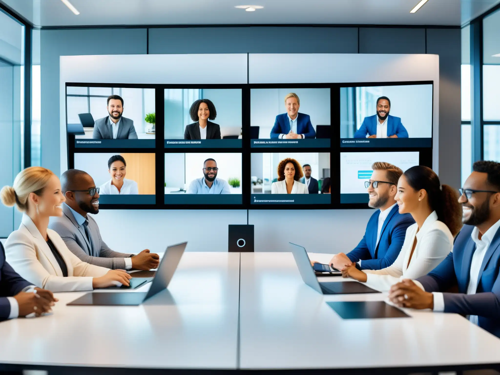 Reunión virtual de profesionales: calidad 8k Un grupo diverso de profesionales en una videoconferencia 8k, con herramientas de alta resolución y colaboración