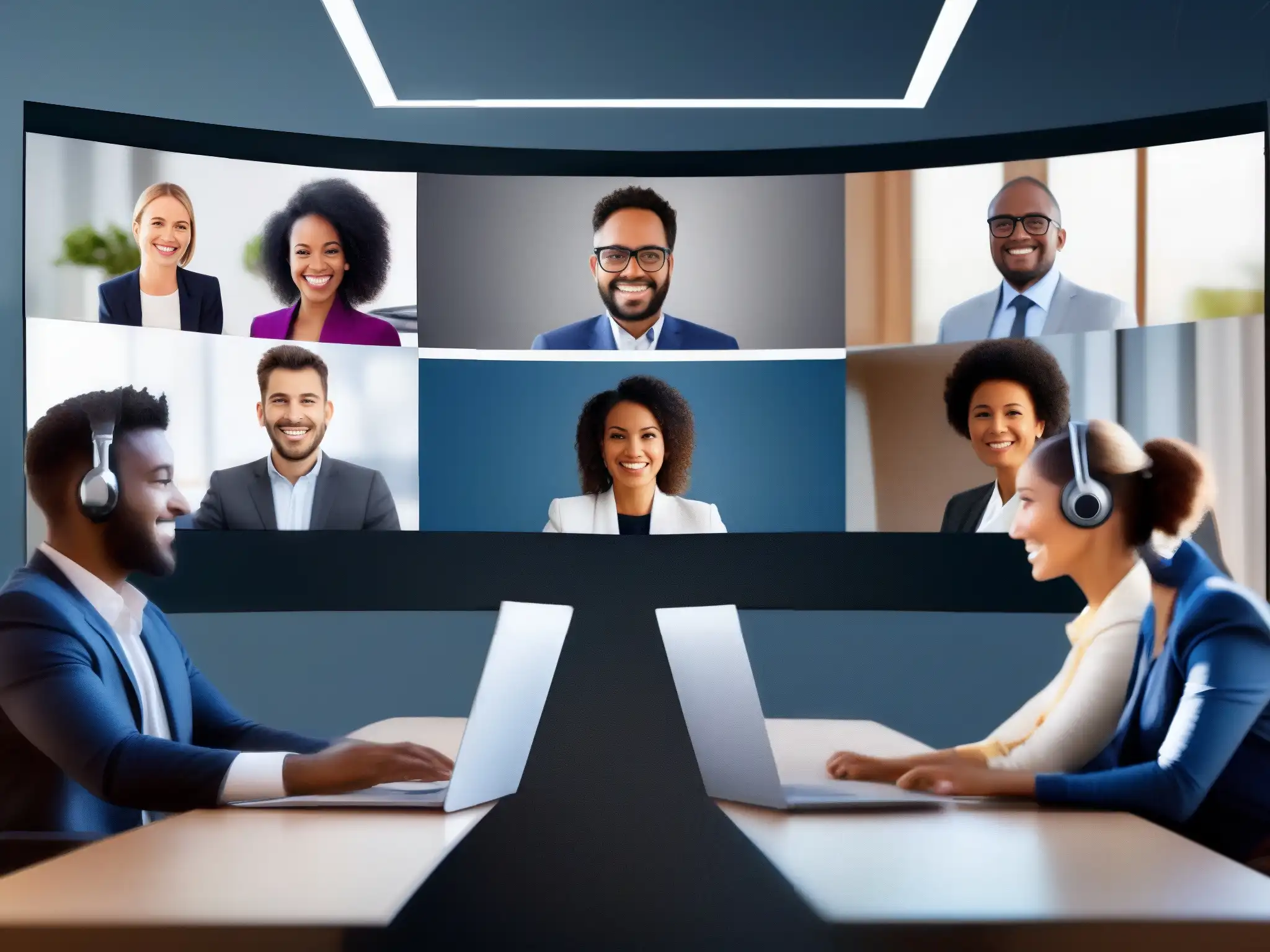 Videoconferencia AI: Profesionales globales en dinámica interacción Un grupo diverso de profesionales participa en una videoconferencia con tecnología de eliminación de fondo virtual y reducción de ruido
